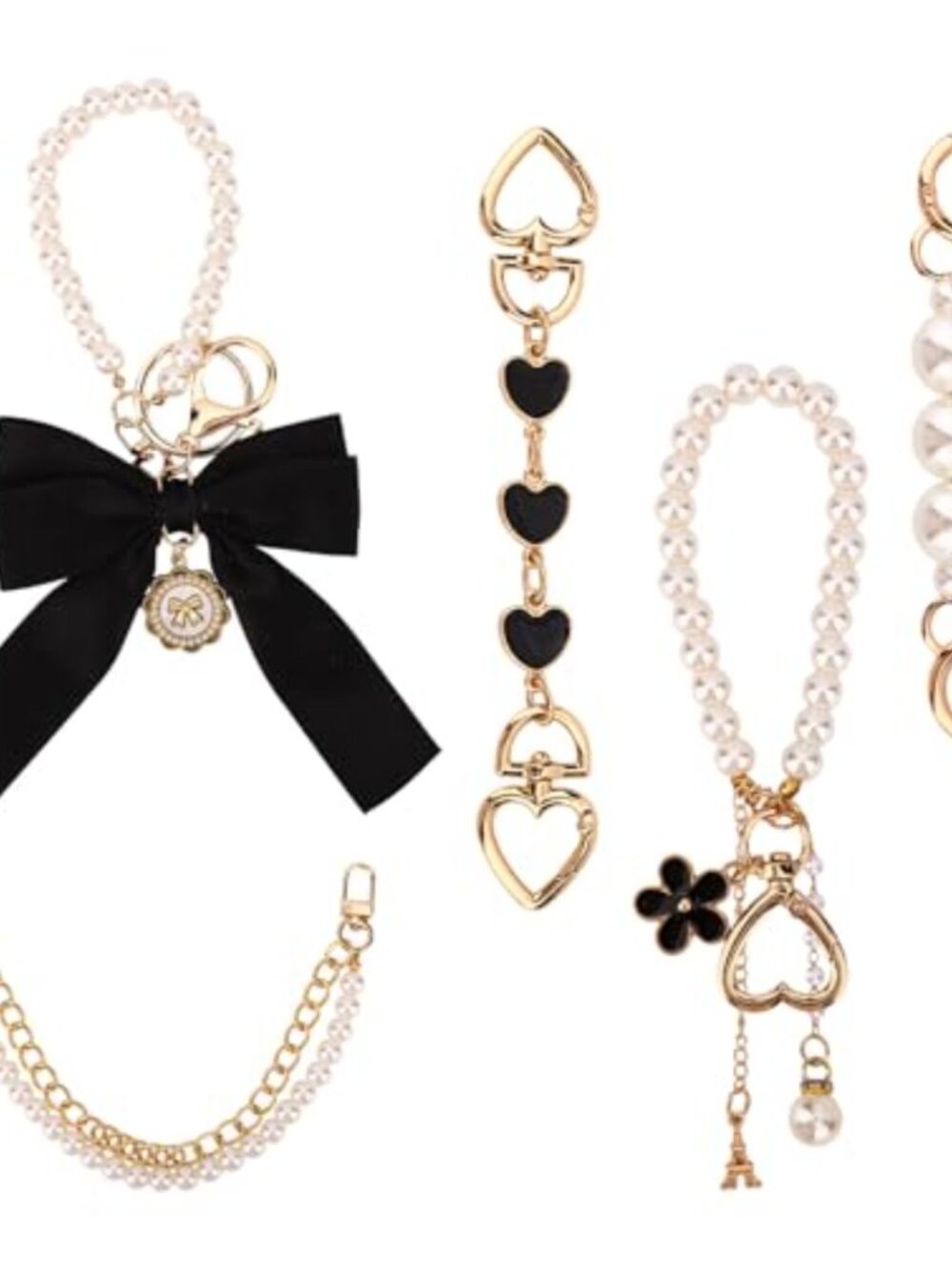5pc Purse Charm Chain Set Bow Pearl Keychain Bag Strap Extender